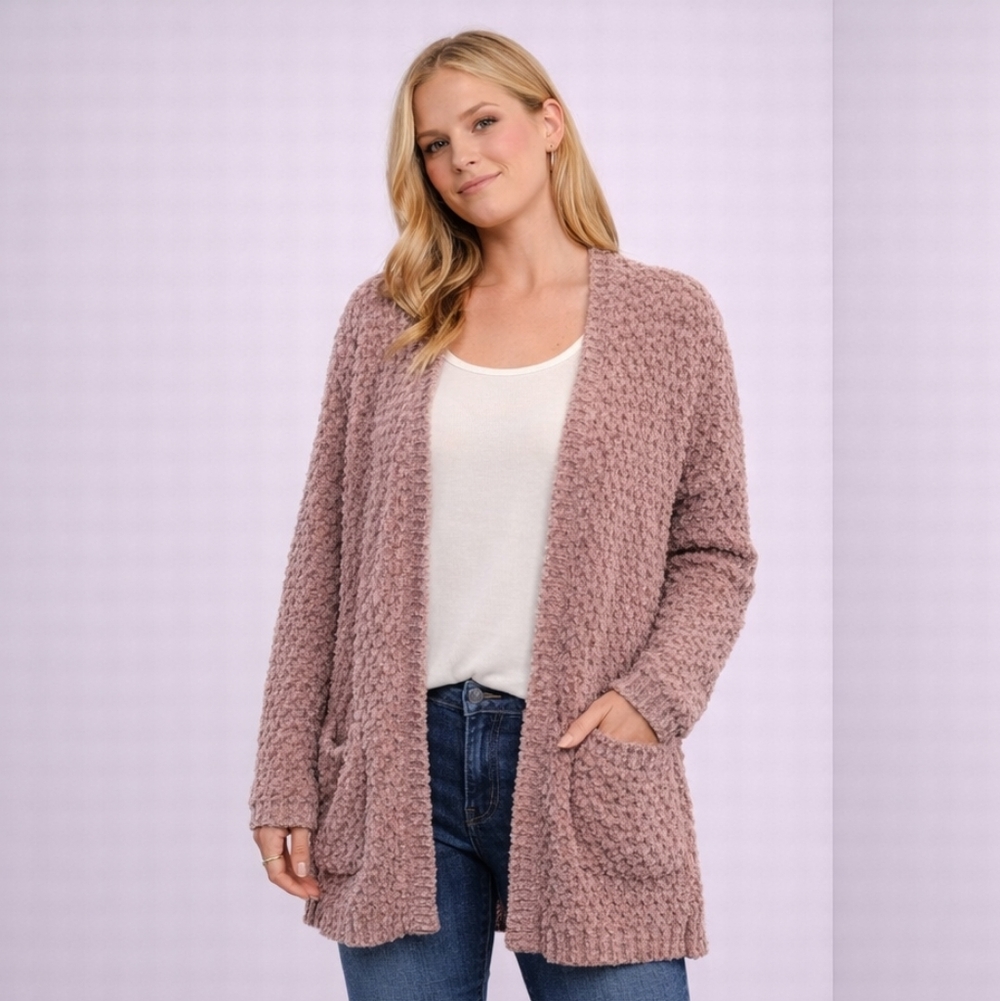 P.O.L. Popcorn Knit Open Front Cardigan w/ Pockets Mauve Taupe